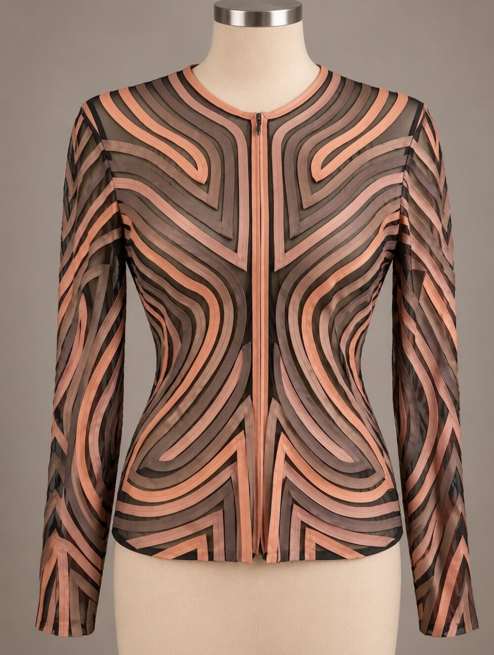Cartise Sheer Mesh Geometric Ribbon Appliqué Zip Top Size 10